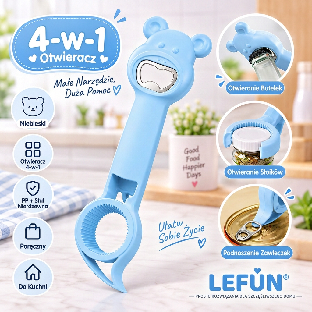 LEFUN® 🍈 Otwieracz 4 w 1 – Otwórz każdą pokrywkę bez zbędnego wysiłku.