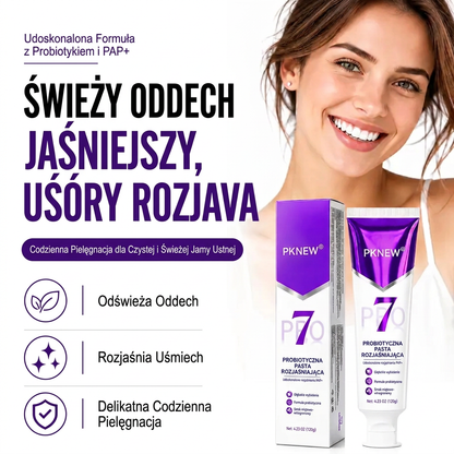 PKNEW® 7-Pro🍈 Fioletowa pasta do wybielania zębów z 7 probiotykami🦷 – Zaawansowana formuła neutralizująca odcień zębów, zapewniająca jaśniejszy uśmiech i codzienną higienę jamy ustnej ✨