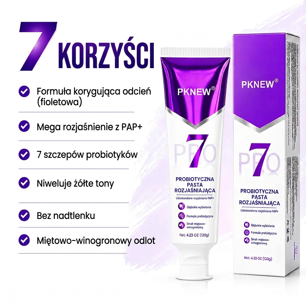 PKNEW® 7-Pro🍈 Fioletowa pasta do wybielania zębów z 7 probiotykami🦷 – Zaawansowana formuła neutralizująca odcień zębów, zapewniająca jaśniejszy uśmiech i codzienną higienę jamy ustnej ✨