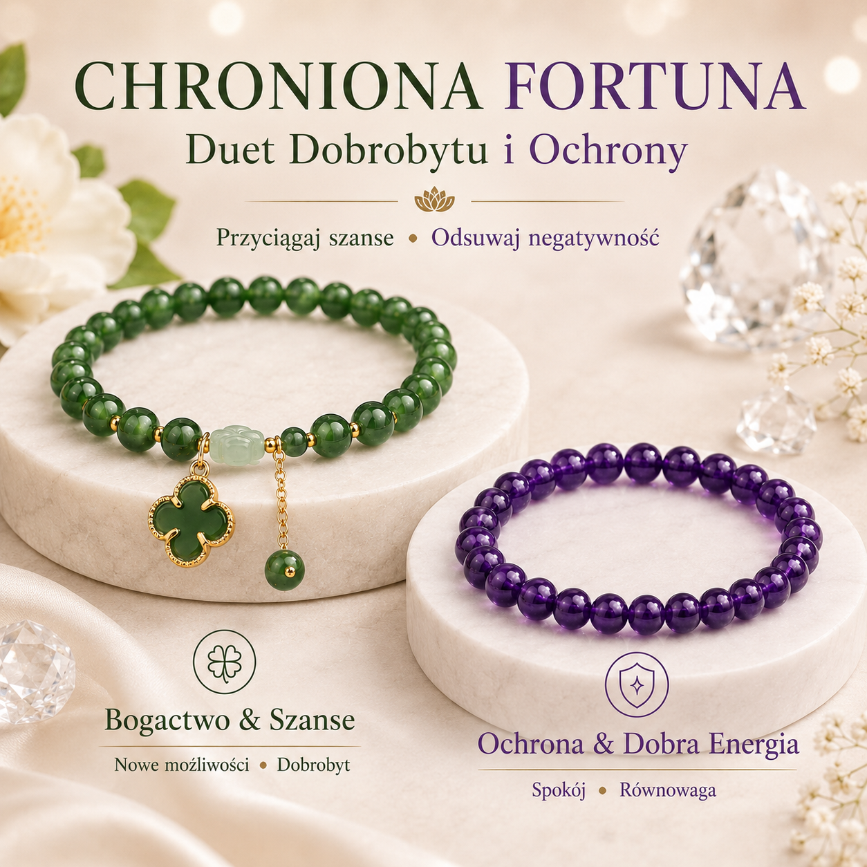 ✨ Kryształowa Bransoletka Szczęścia — Bogactwo • Miłość • Ochrona🍇