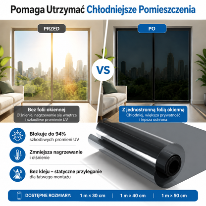 Czarna folia okienna typu lustro weneckie 🍇– izolacja termiczna, blokowanie 94% promieniowania UV, prywatność w ciągu dnia (do domu i biura)