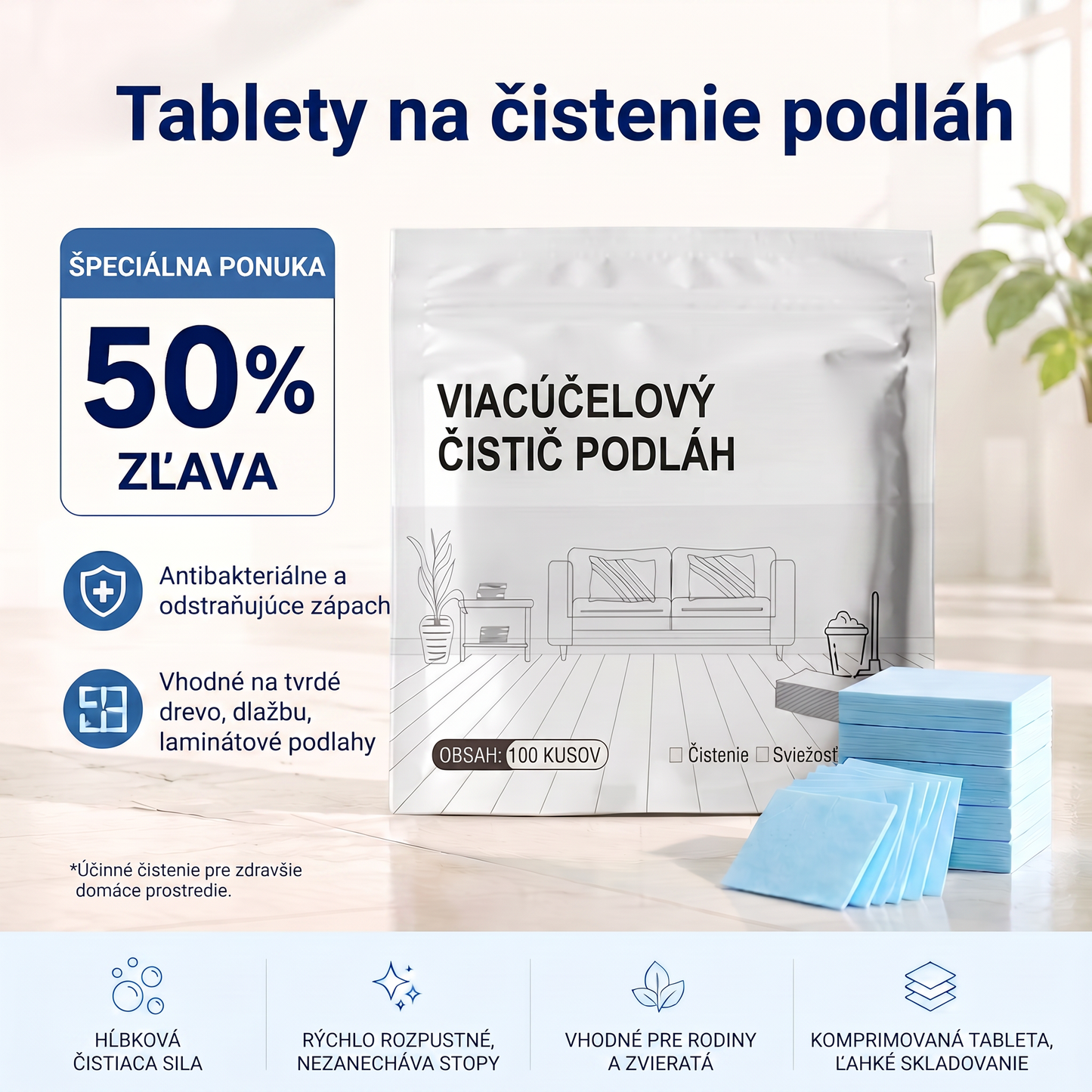 PKNEW® Tablety na podlahy – Univerzálny čistič na drevo, laminát, dlažbu a steny v karavanoch. S antibakteriálnym účinkom.😾