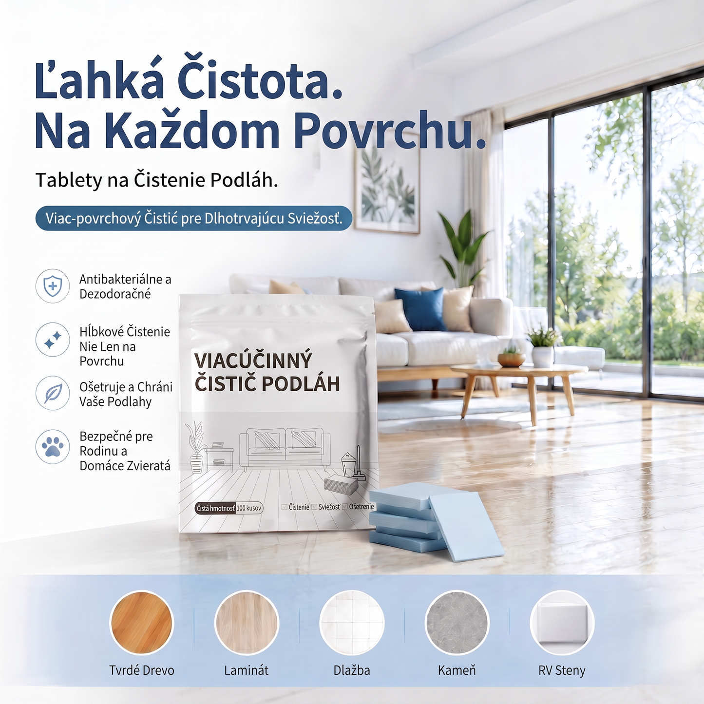 PKNEW® Tablety na podlahy – Univerzálny čistič na drevo, laminát, dlažbu a steny v karavanoch. S antibakteriálnym účinkom.😾