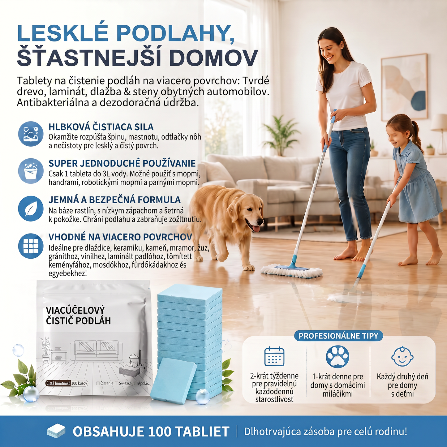 PKNEW® Tablety na podlahy – Univerzálny čistič na drevo, laminát, dlažbu a steny v karavanoch. S antibakteriálnym účinkom.😾