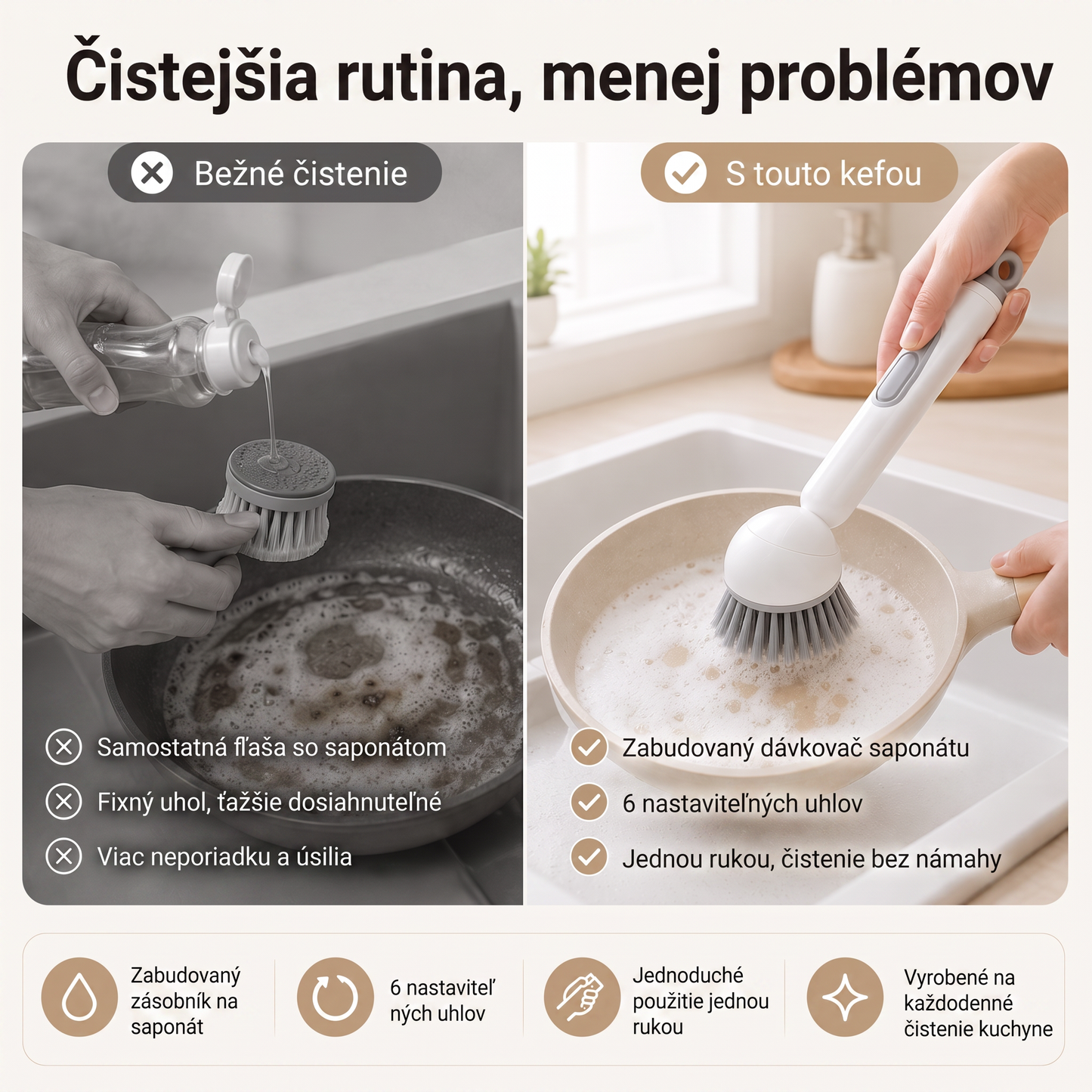 PKNEW® 🍇Inteligentná kuchynská kefka s dávkovačom saponátu 🧽 – otočná hlavica na jednoduché čistenie hrncov, panvíc a riadu jednou rukou 💧