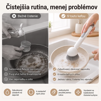 PKNEW® 🍇Inteligentná kuchynská kefka s dávkovačom saponátu 🧽 – otočná hlavica na jednoduché čistenie hrncov, panvíc a riadu jednou rukou 💧