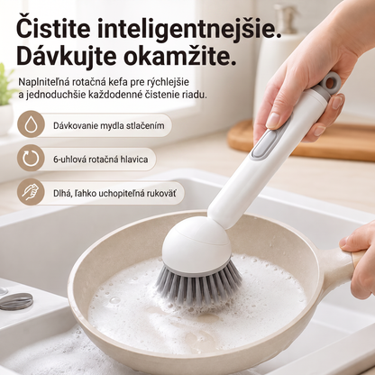 PKNEW® 🍇Inteligentná kuchynská kefka s dávkovačom saponátu 🧽 – otočná hlavica na jednoduché čistenie hrncov, panvíc a riadu jednou rukou 💧