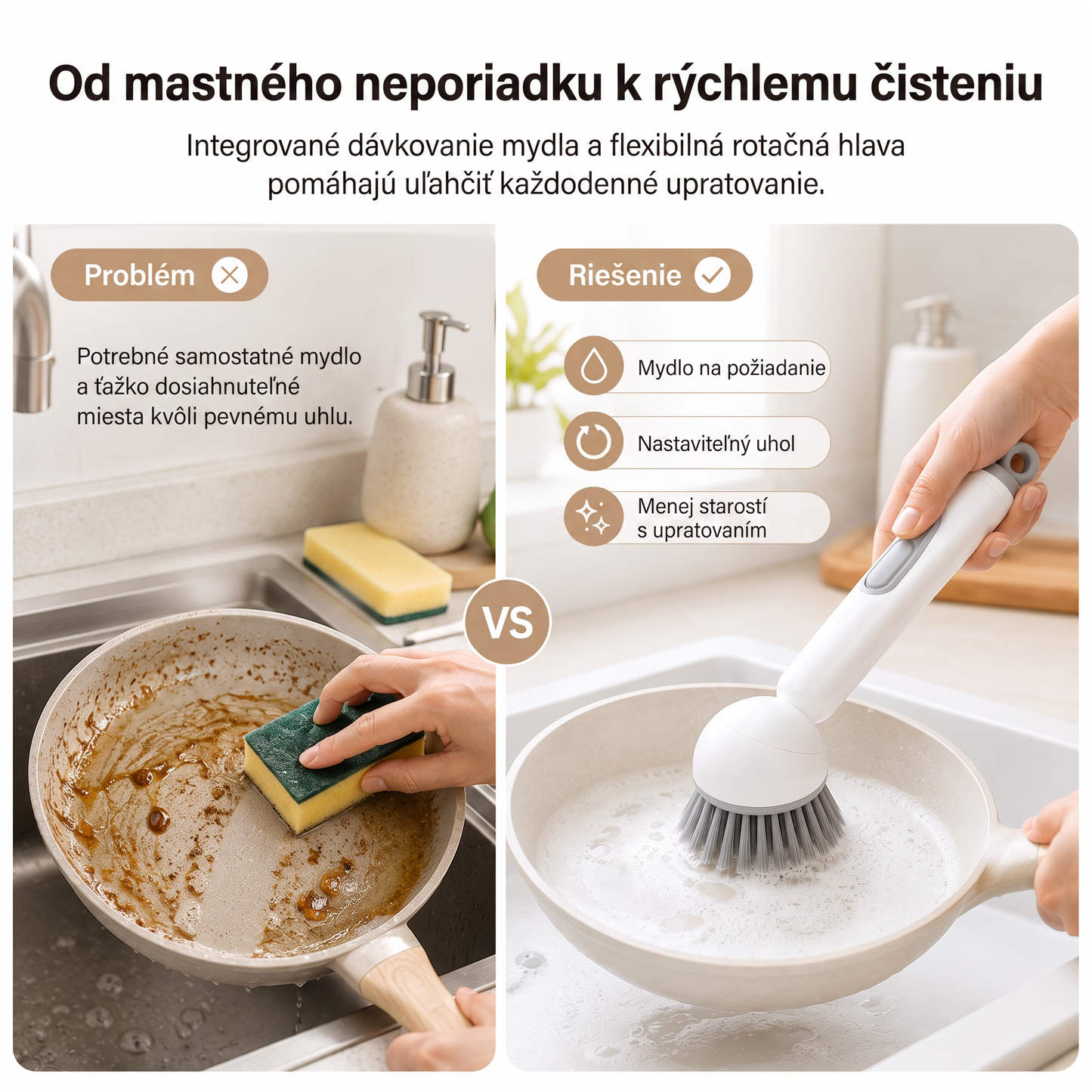 PKNEW® 🍇Inteligentná kuchynská kefka s dávkovačom saponátu 🧽 – otočná hlavica na jednoduché čistenie hrncov, panvíc a riadu jednou rukou 💧
