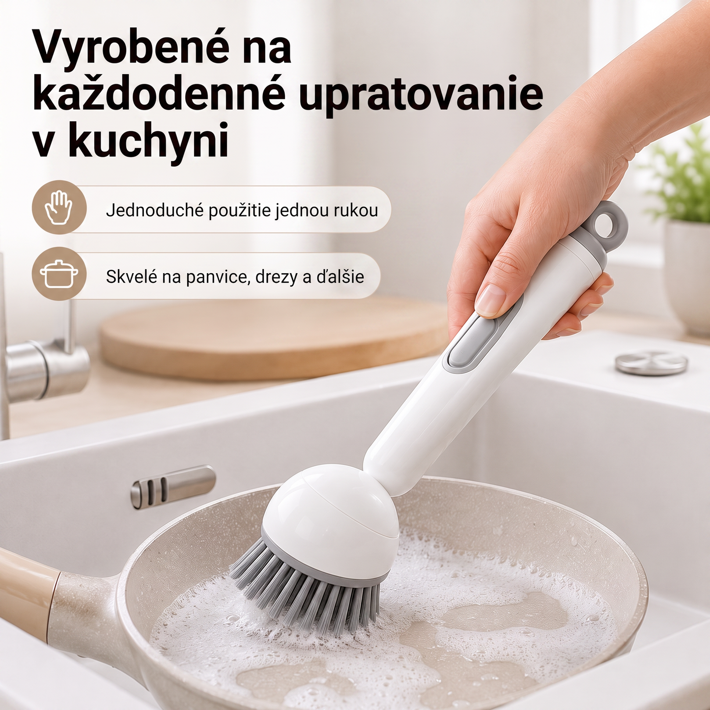 PKNEW® 🍇Inteligentná kuchynská kefka s dávkovačom saponátu 🧽 – otočná hlavica na jednoduché čistenie hrncov, panvíc a riadu jednou rukou 💧