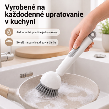 PKNEW® 🍇Inteligentná kuchynská kefka s dávkovačom saponátu 🧽 – otočná hlavica na jednoduché čistenie hrncov, panvíc a riadu jednou rukou 💧