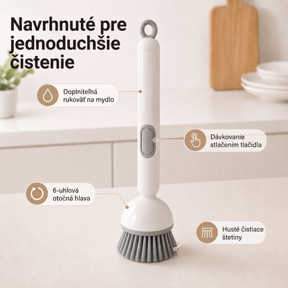 PKNEW® 🍇Inteligentná kuchynská kefka s dávkovačom saponátu 🧽 – otočná hlavica na jednoduché čistenie hrncov, panvíc a riadu jednou rukou 💧