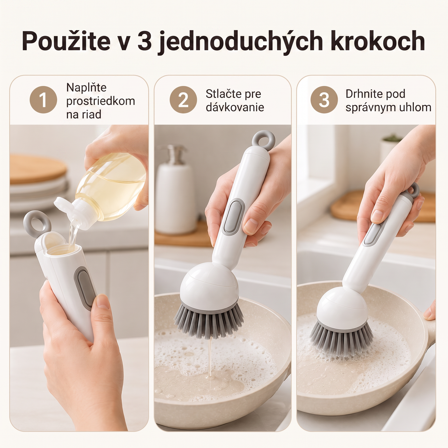 PKNEW® 🍇Inteligentná kuchynská kefka s dávkovačom saponátu 🧽 – otočná hlavica na jednoduché čistenie hrncov, panvíc a riadu jednou rukou 💧