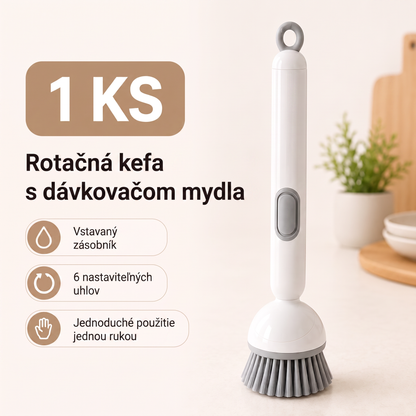 PKNEW® 🍇Inteligentná kuchynská kefka s dávkovačom saponátu 🧽 – otočná hlavica na jednoduché čistenie hrncov, panvíc a riadu jednou rukou 💧
