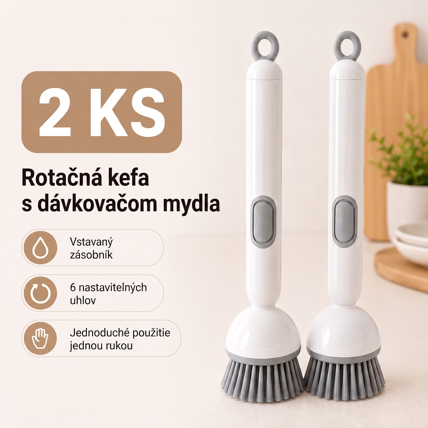 PKNEW® 🍇Inteligentná kuchynská kefka s dávkovačom saponátu 🧽 – otočná hlavica na jednoduché čistenie hrncov, panvíc a riadu jednou rukou 💧
