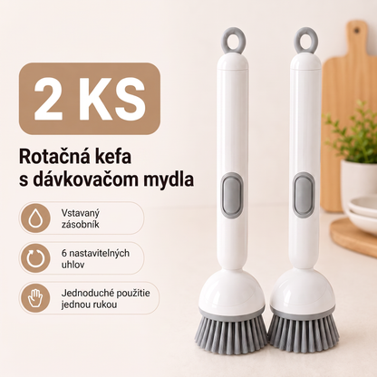 PKNEW® 🍇Inteligentná kuchynská kefka s dávkovačom saponátu 🧽 – otočná hlavica na jednoduché čistenie hrncov, panvíc a riadu jednou rukou 💧