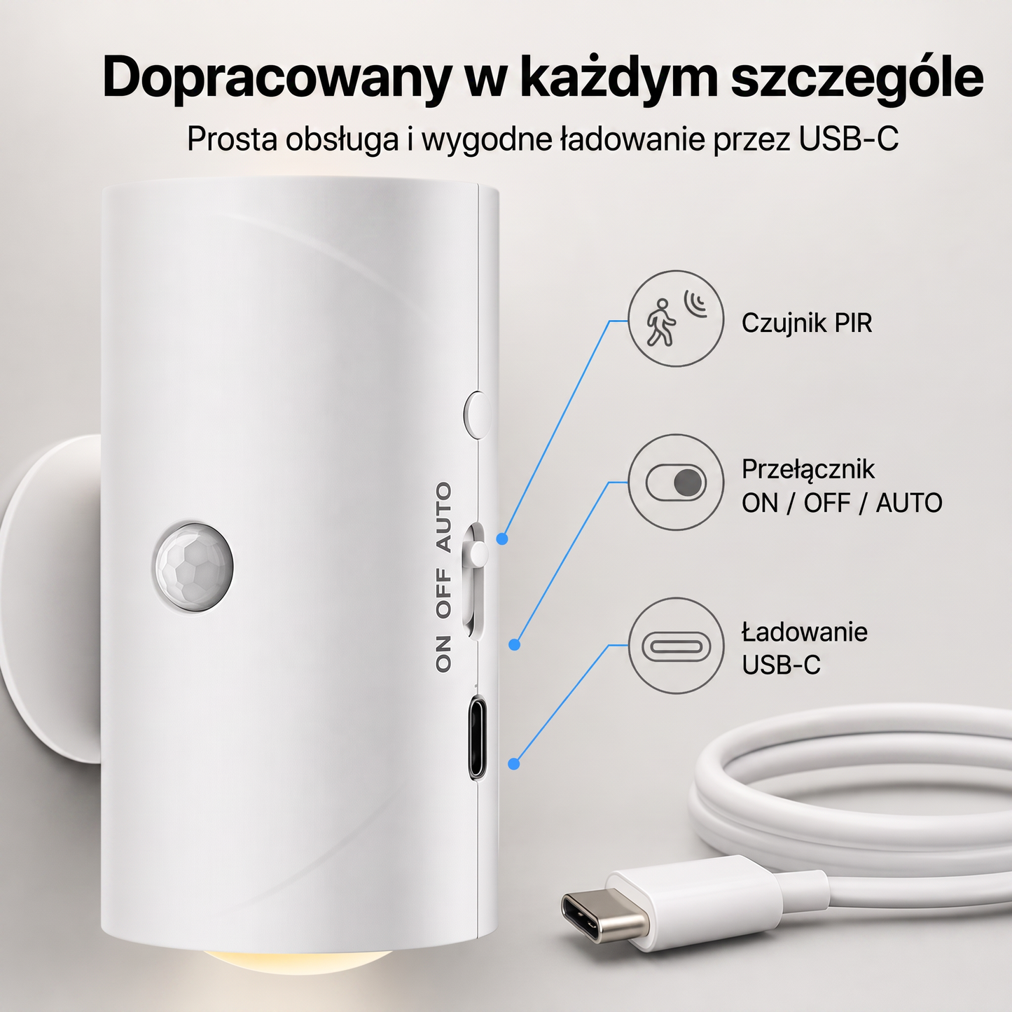 PKNEW® 🍇Inteligentna, dwukierunkowa lampka nocna RGB z czujnikiem ruchu 🌈 – automatyczne oświetlenie, montaż magnetyczny bez wiercenia i ładowanie przez USB-C; idealna do sypialni, przedpokoju i na schody ✨