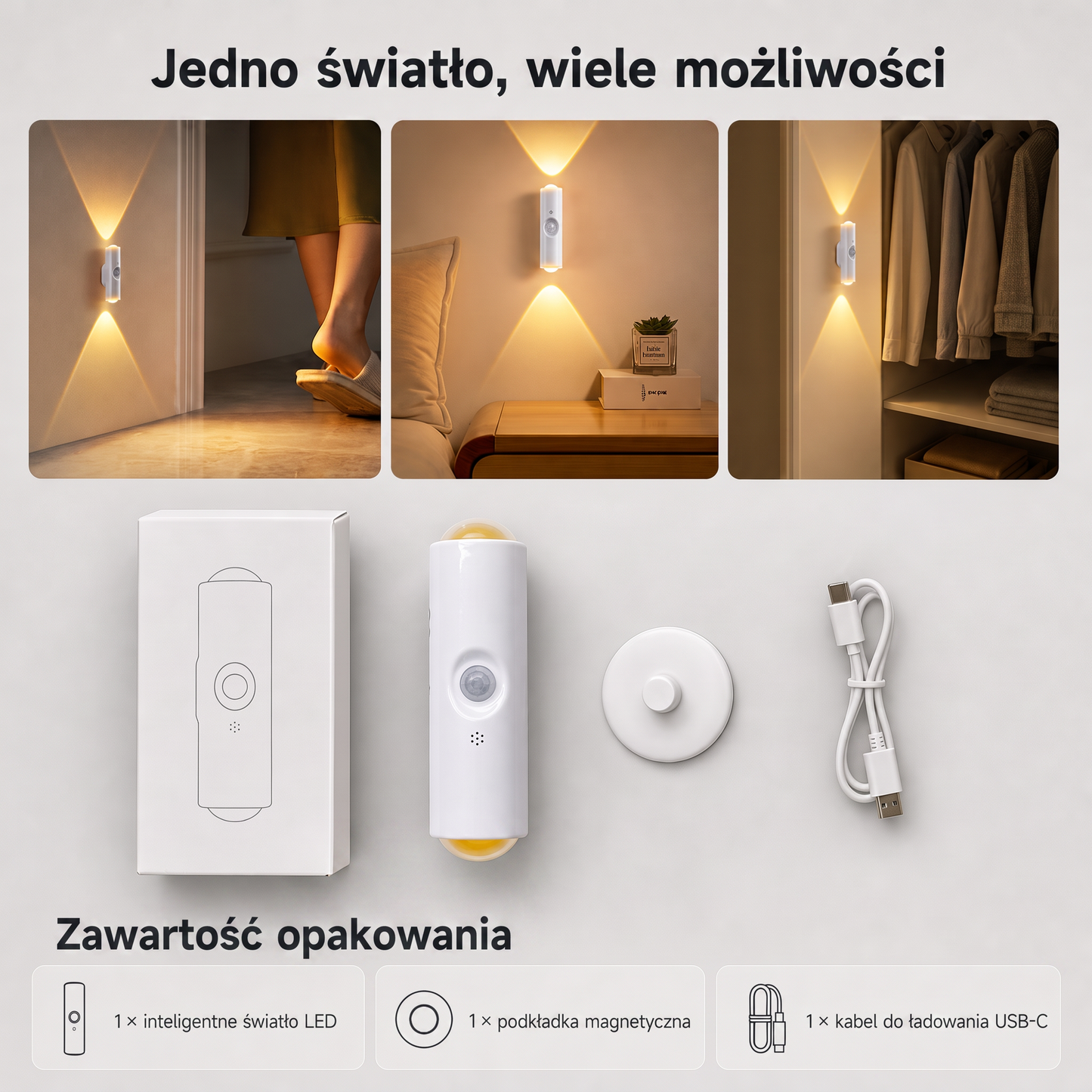 PKNEW® 🍇Inteligentna, dwukierunkowa lampka nocna RGB z czujnikiem ruchu 🌈 – automatyczne oświetlenie, montaż magnetyczny bez wiercenia i ładowanie przez USB-C; idealna do sypialni, przedpokoju i na schody ✨