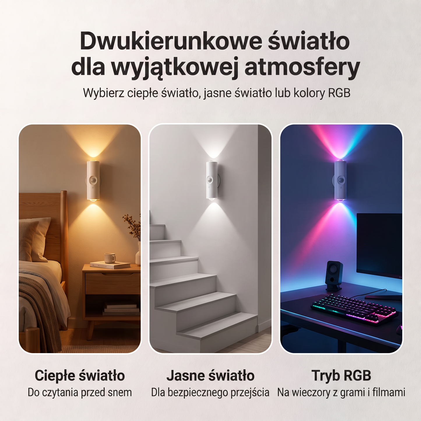 PKNEW® 🍇Inteligentna, dwukierunkowa lampka nocna RGB z czujnikiem ruchu 🌈 – automatyczne oświetlenie, montaż magnetyczny bez wiercenia i ładowanie przez USB-C; idealna do sypialni, przedpokoju i na schody ✨
