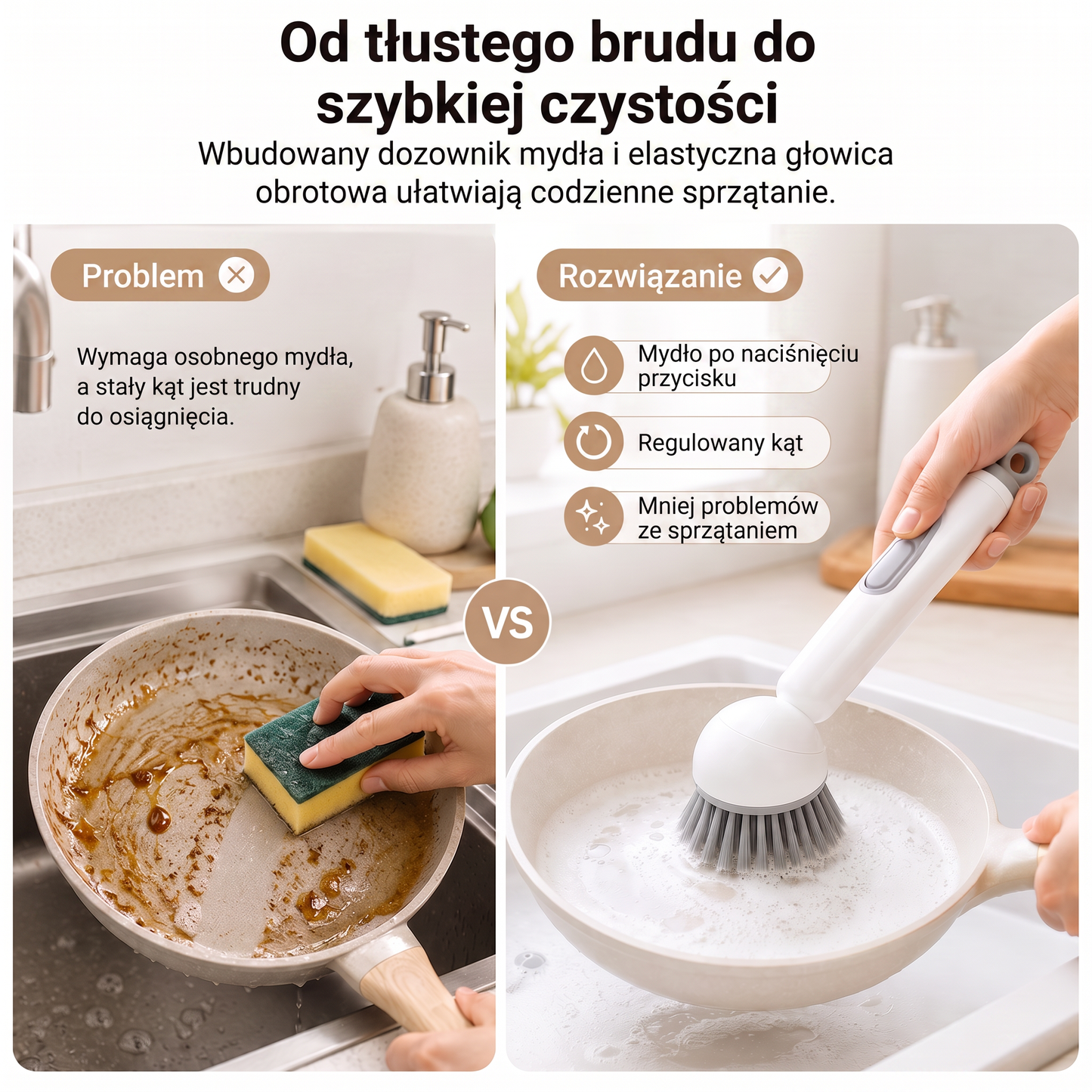 PKNEW® 🍇 Inteligentna szczotka kuchenna z dozownikiem płynu 🧽 – obrotowa głowica umożliwiająca łatwe mycie garnków, patelni i naczyń jedną ręką 💧