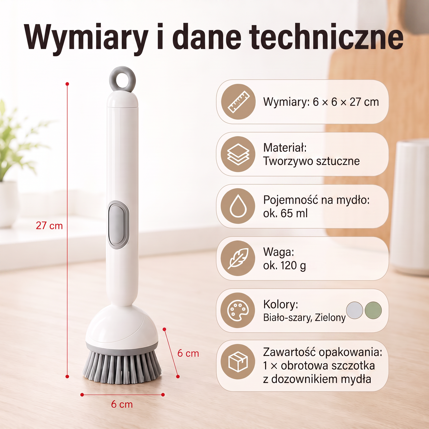 PKNEW® 🍇 Inteligentna szczotka kuchenna z dozownikiem płynu 🧽 – obrotowa głowica umożliwiająca łatwe mycie garnków, patelni i naczyń jedną ręką 💧