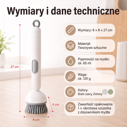 PKNEW® 🍇 Inteligentna szczotka kuchenna z dozownikiem płynu 🧽 – obrotowa głowica umożliwiająca łatwe mycie garnków, patelni i naczyń jedną ręką 💧