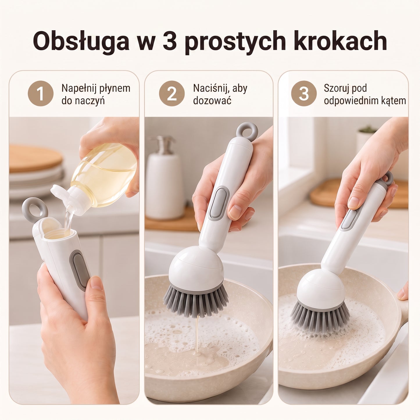 PKNEW® 🍇 Inteligentna szczotka kuchenna z dozownikiem płynu 🧽 – obrotowa głowica umożliwiająca łatwe mycie garnków, patelni i naczyń jedną ręką 💧