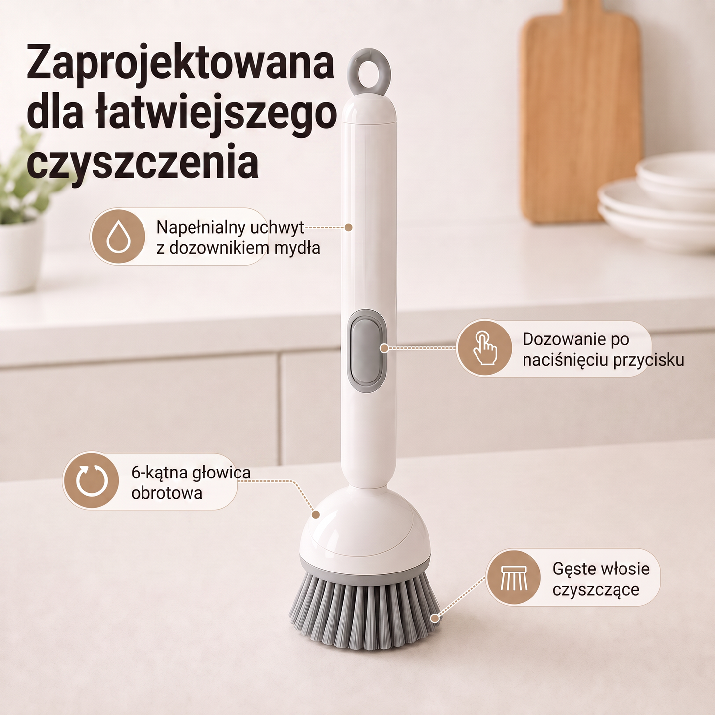 PKNEW® 🍇 Inteligentna szczotka kuchenna z dozownikiem płynu 🧽 – obrotowa głowica umożliwiająca łatwe mycie garnków, patelni i naczyń jedną ręką 💧