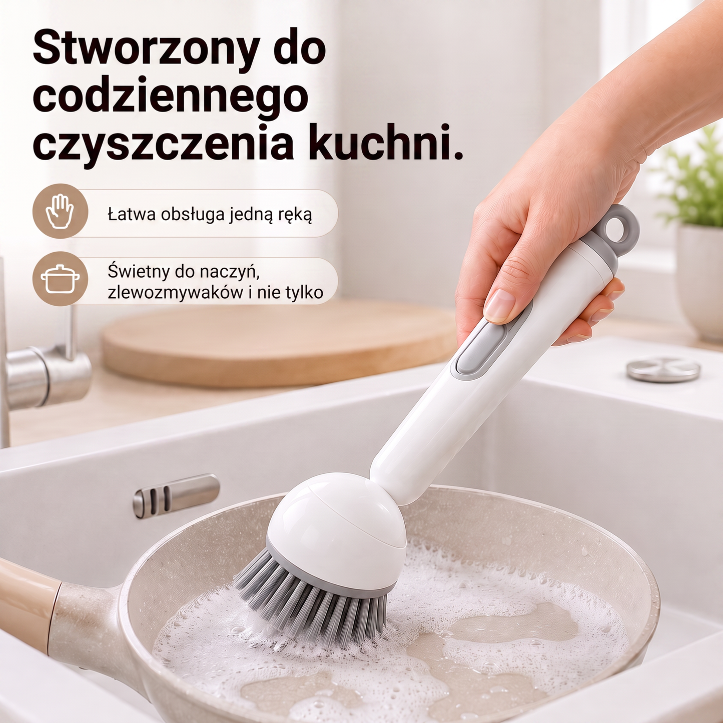 PKNEW® 🍇 Inteligentna szczotka kuchenna z dozownikiem płynu 🧽 – obrotowa głowica umożliwiająca łatwe mycie garnków, patelni i naczyń jedną ręką 💧