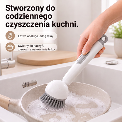 PKNEW® 🍇 Inteligentna szczotka kuchenna z dozownikiem płynu 🧽 – obrotowa głowica umożliwiająca łatwe mycie garnków, patelni i naczyń jedną ręką 💧