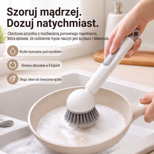 PKNEW® 🍇 Inteligentna szczotka kuchenna z dozownikiem płynu 🧽 – obrotowa głowica umożliwiająca łatwe mycie garnków, patelni i naczyń jedną ręką 💧