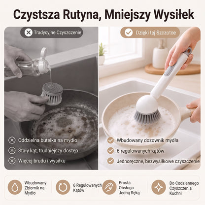 PKNEW® 🍇 Inteligentna szczotka kuchenna z dozownikiem płynu 🧽 – obrotowa głowica umożliwiająca łatwe mycie garnków, patelni i naczyń jedną ręką 💧