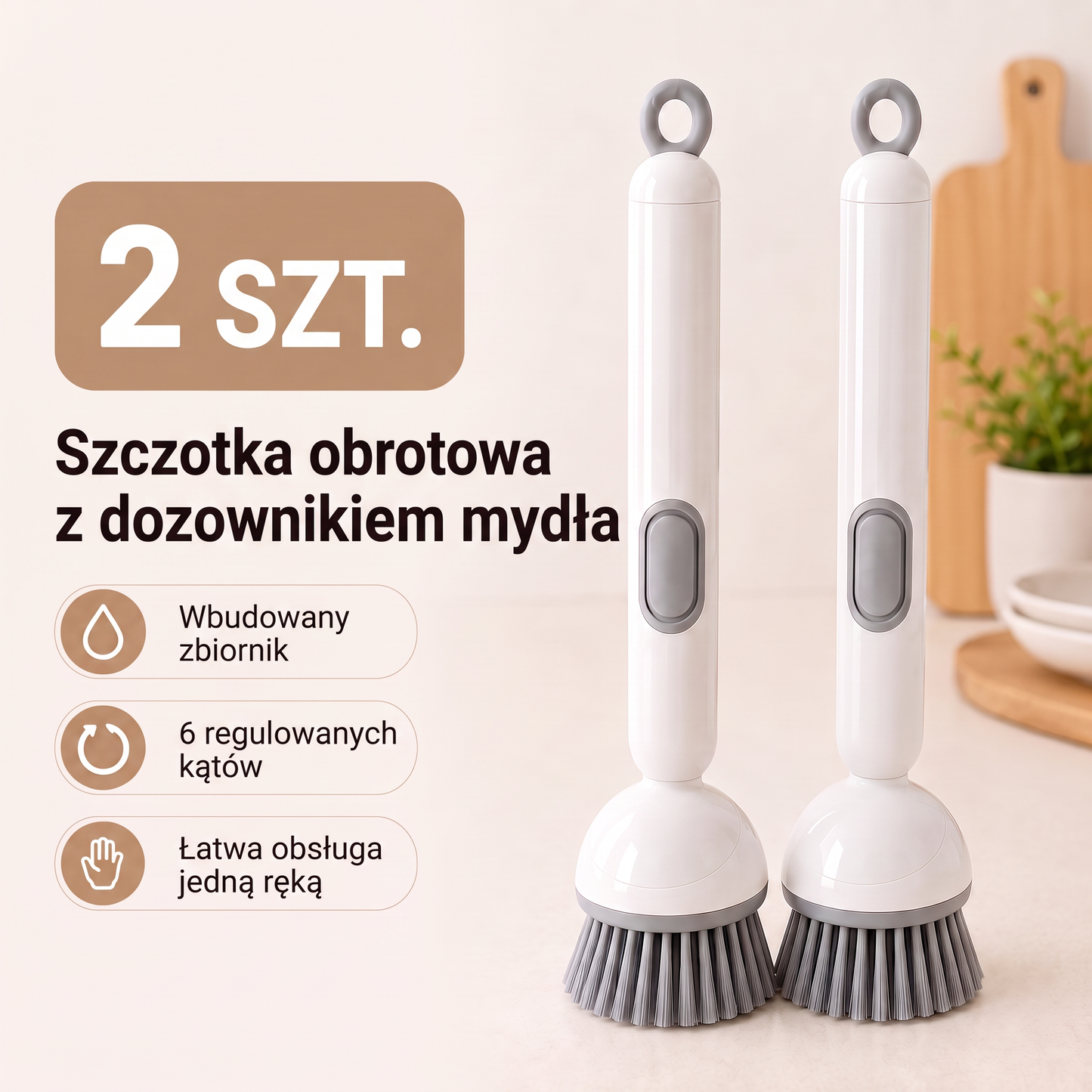 PKNEW® 🍇 Inteligentna szczotka kuchenna z dozownikiem płynu 🧽 – obrotowa głowica umożliwiająca łatwe mycie garnków, patelni i naczyń jedną ręką 💧