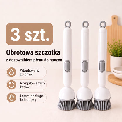PKNEW® 🍇 Inteligentna szczotka kuchenna z dozownikiem płynu 🧽 – obrotowa głowica umożliwiająca łatwe mycie garnków, patelni i naczyń jedną ręką 💧