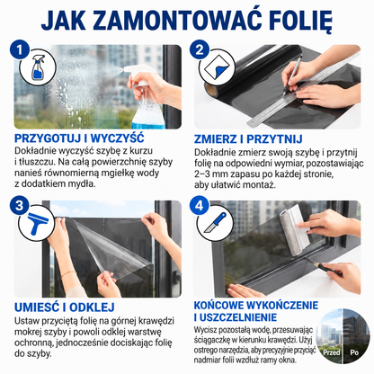 Czarna folia okienna typu lustro weneckie 🍇– izolacja termiczna, blokowanie 94% promieniowania UV, prywatność w ciągu dnia (do domu i biura)