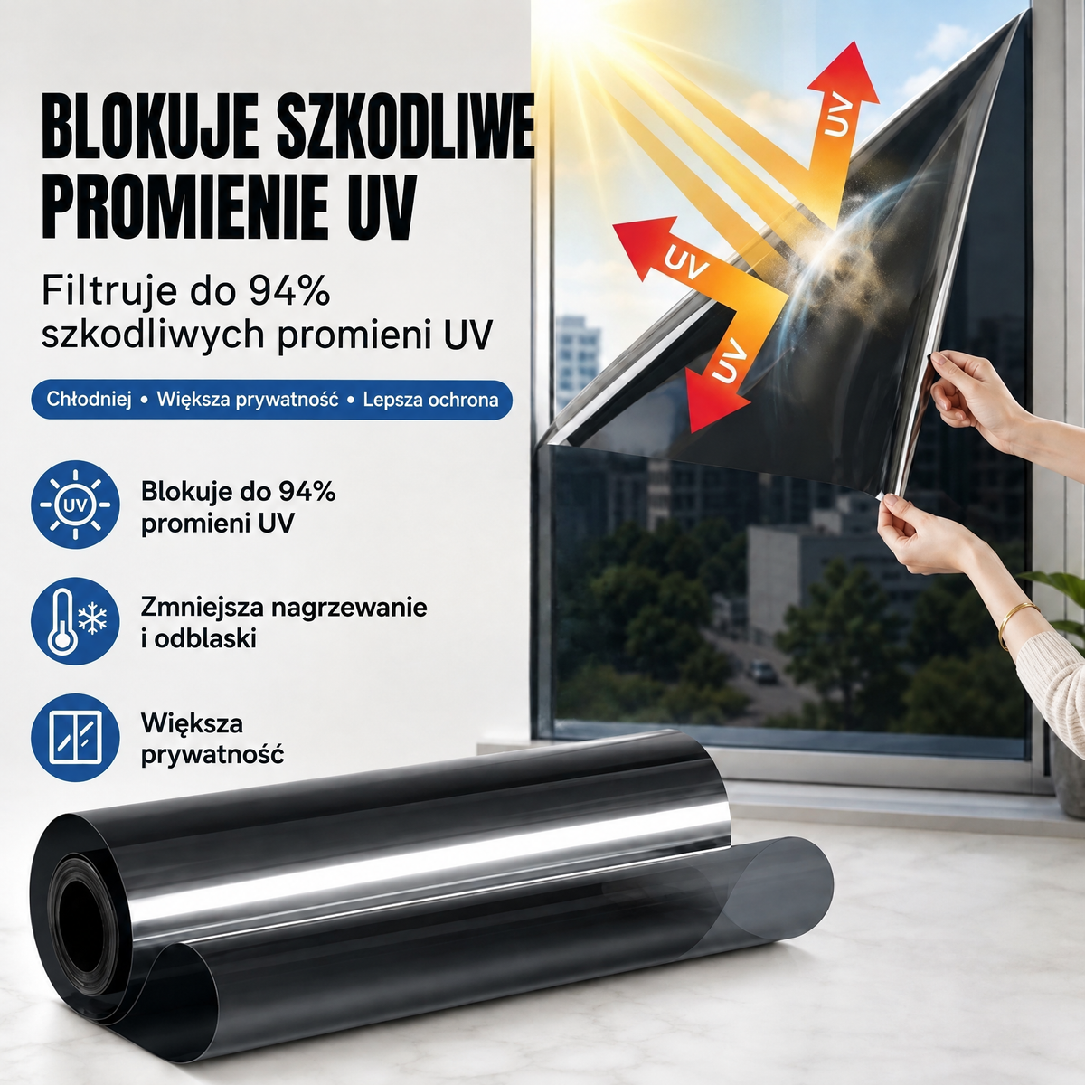 Czarna folia okienna typu lustro weneckie 🍇– izolacja termiczna, blokowanie 94% promieniowania UV, prywatność w ciągu dnia (do domu i biura)
