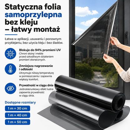 Czarna folia okienna typu lustro weneckie 🍇– izolacja termiczna, blokowanie 94% promieniowania UV, prywatność w ciągu dnia (do domu i biura)
