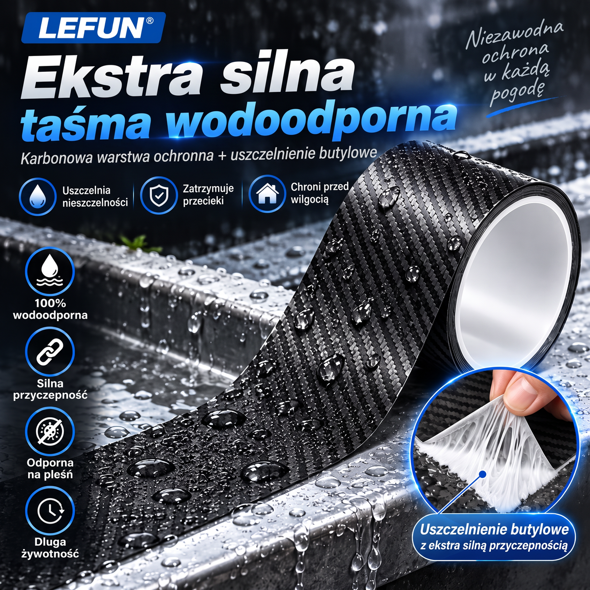 LEFUN® 💧 Wyjątkowo mocna taśma wodoodporna🍇 – warstwa ochronna o wyglądzie karbonu + uszczelka butylowa chroniąca przed przeciekami i wilgocią
