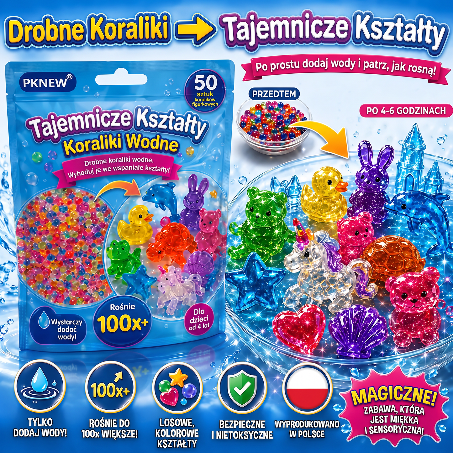 PKNEW®🫧 Magiczne wodne koraliki-niespodzianki🌈 – Kolorowe, półprzezroczyste figurki, które rosną w wodzie; idealne do kreatywnej zabawy, odkrywania świata zmysłów i wspólnego spędzania czasu z rodziną 💕