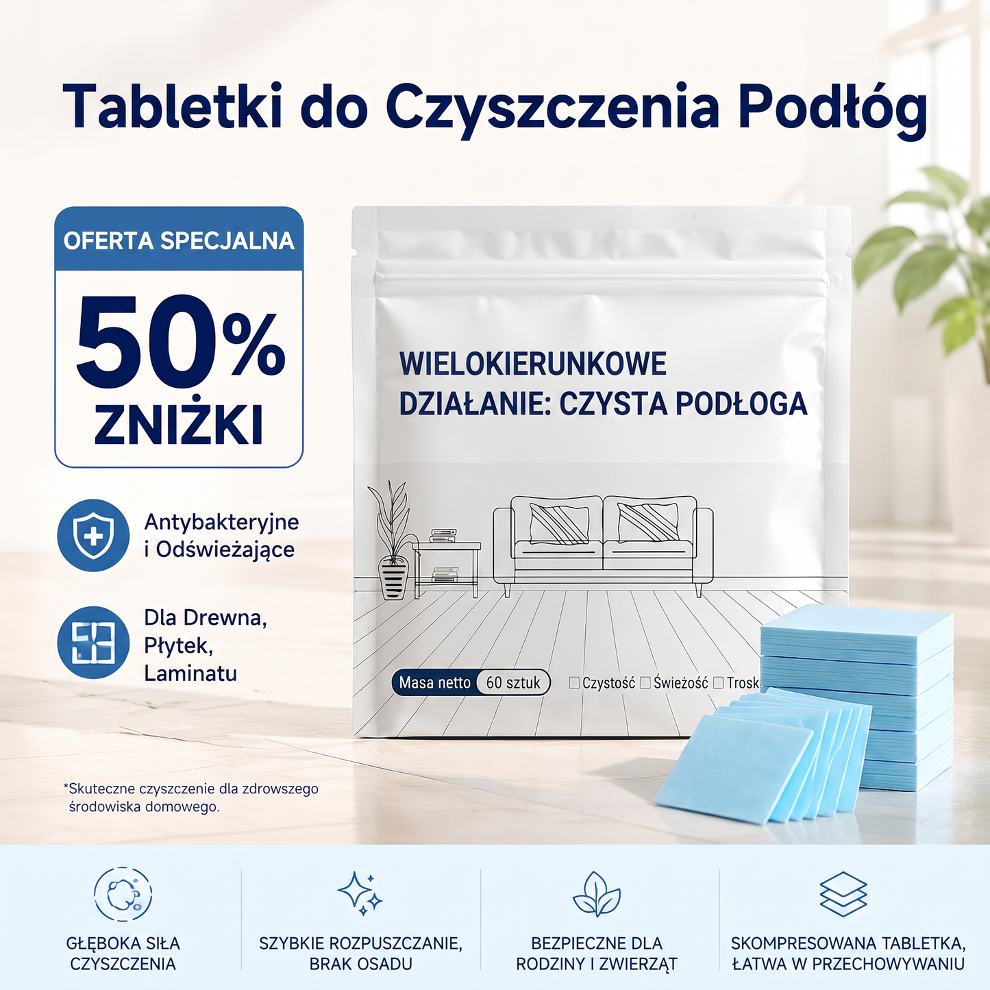 PKNEW®🌊 Rozpuszczalne tabletki czyszczące 💧 – Uniwersalny środek czyszczący do powierzchni drewnianych, laminatowych, płytek oraz ścian w kamperach, o działaniu antybakteryjnym i odświeżającym.