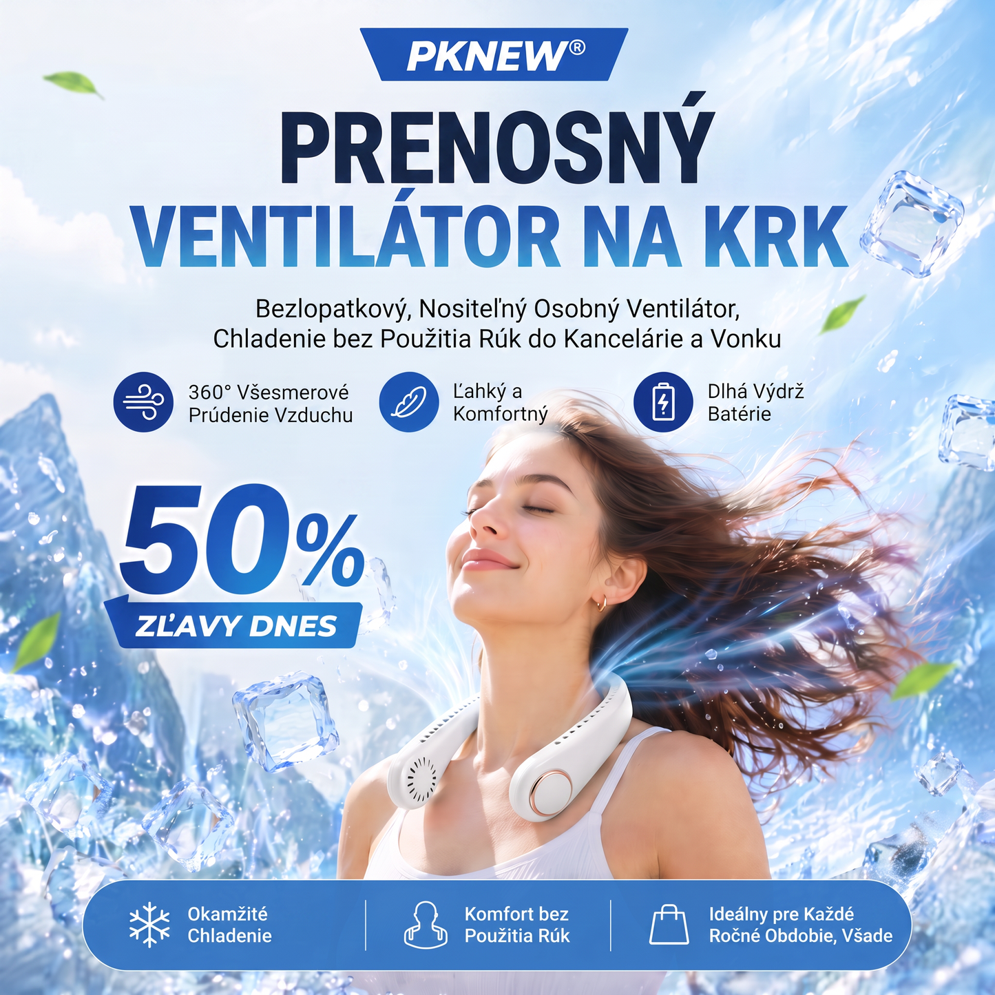 PKNEW®❄️ Prenosný ventilátor na krk🍇, bezlopatkový osobný ventilátor, chladenie typu hands-free na vonkajšie použitie a do kancelárie