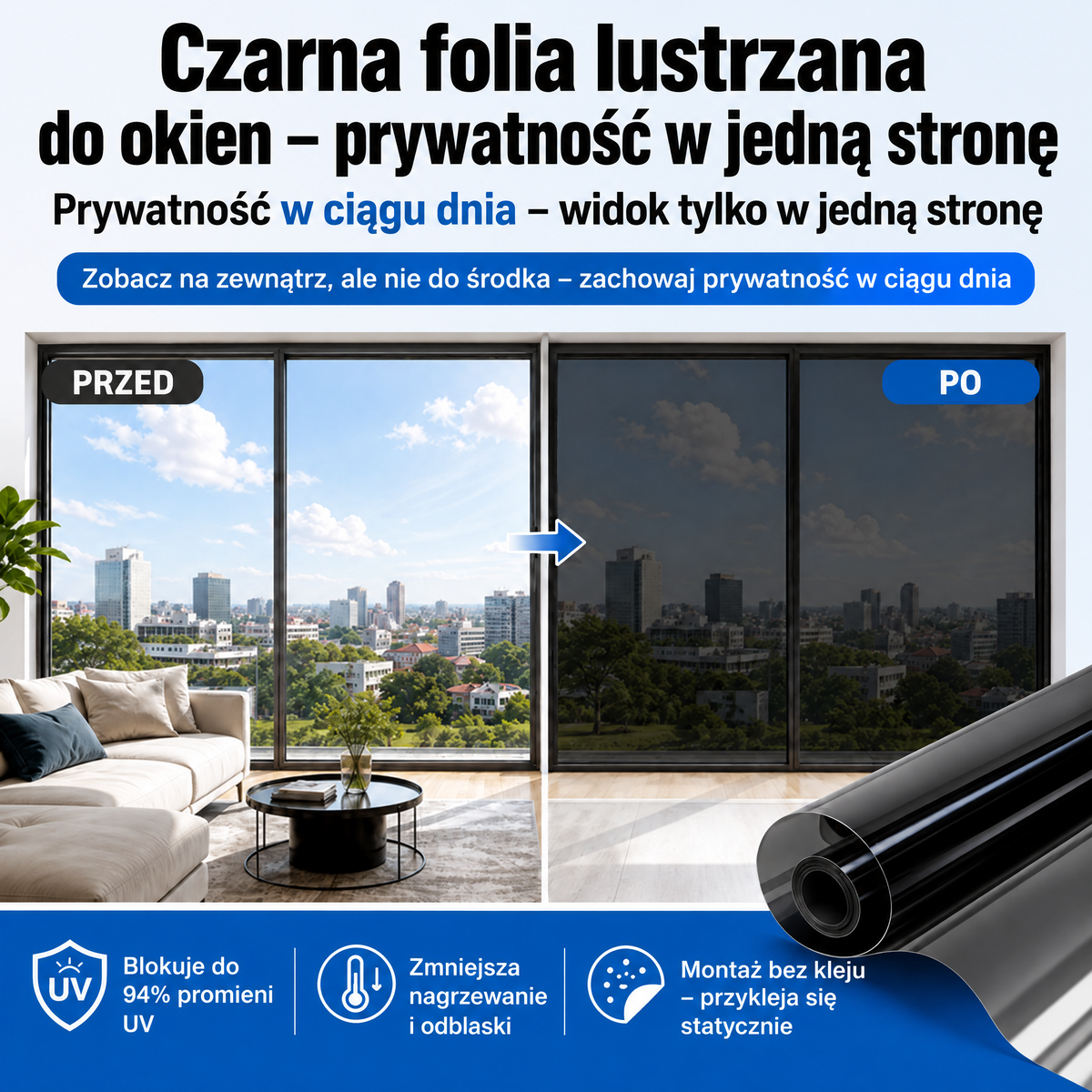 Czarna folia okienna typu lustro weneckie 🍇– izolacja termiczna, blokowanie 94% promieniowania UV, prywatność w ciągu dnia (do domu i biura)