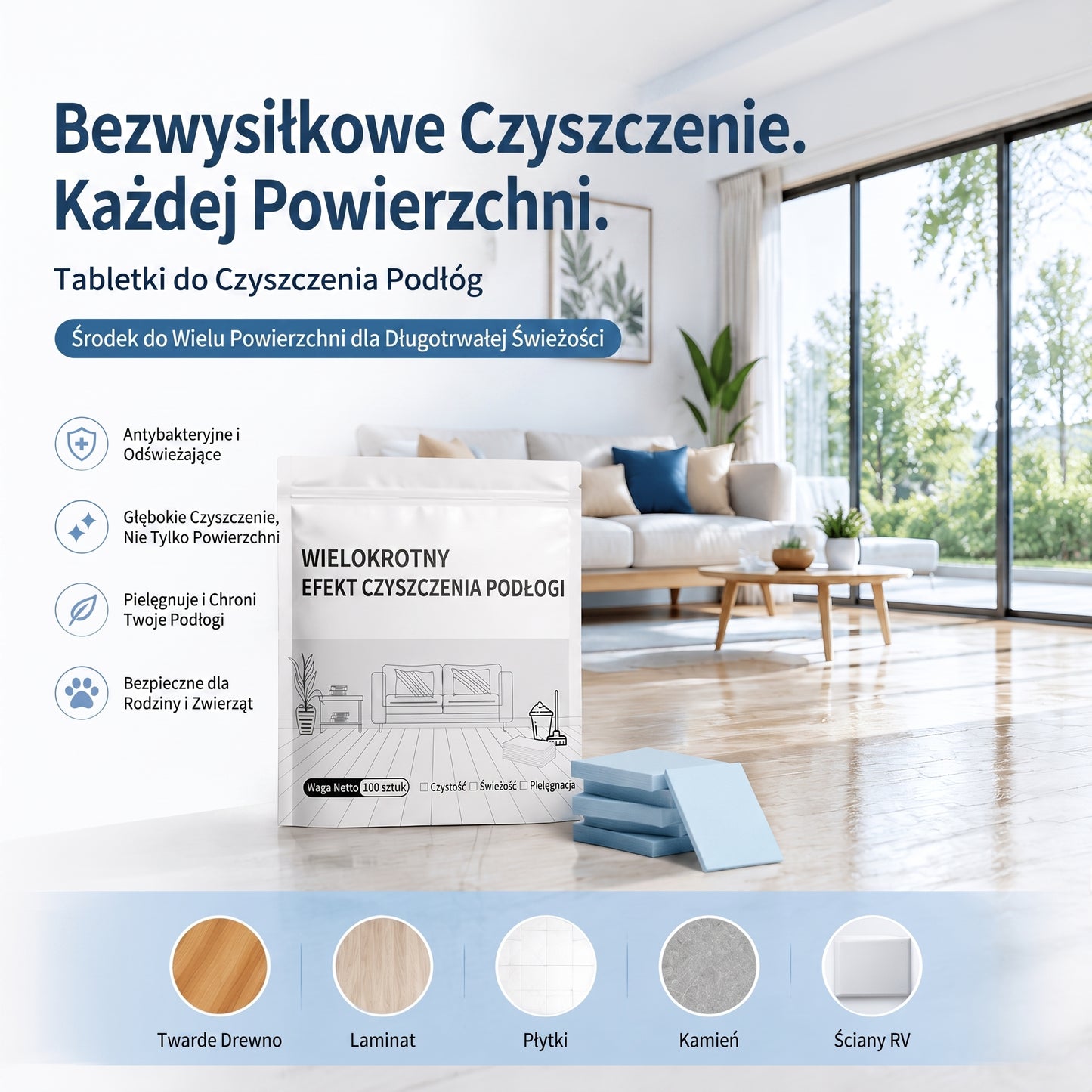PKNEW®🌊 Rozpuszczalne tabletki czyszczące 💧 – Uniwersalny środek czyszczący do powierzchni drewnianych, laminatowych, płytek oraz ścian w kamperach, o działaniu antybakteryjnym i odświeżającym.