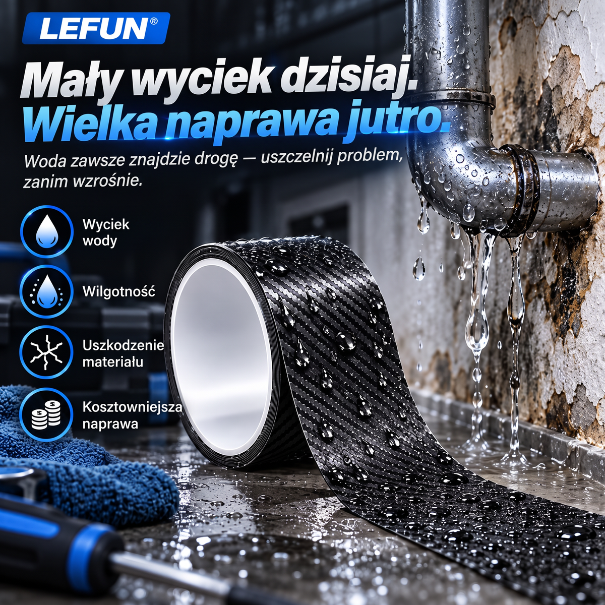 LEFUN® 💧 Wyjątkowo mocna taśma wodoodporna🍇 – warstwa ochronna o wyglądzie karbonu + uszczelka butylowa chroniąca przed przeciekami i wilgocią
