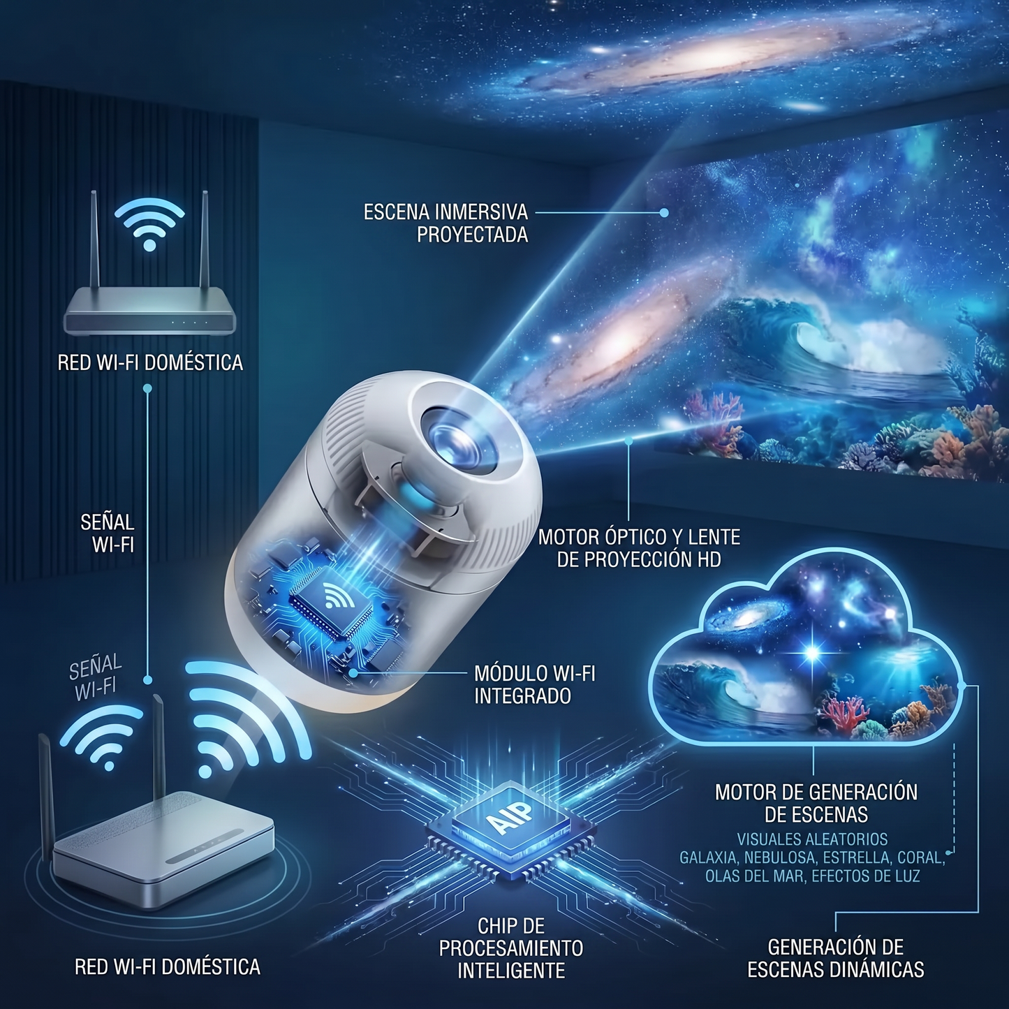 PKNEW® 🍏 Proyector de luz nocturna holográfico dinámico inteligente 5D de próxima generación🍏