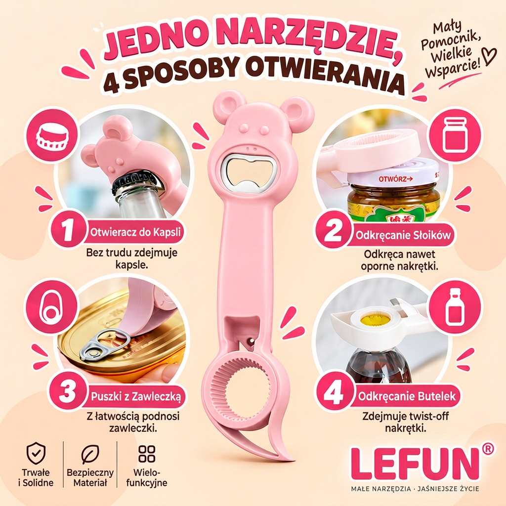 LEFUN® 🍇 Otwieracz 4 w 1 – Otwórz każdą pokrywkę bez zbędnego wysiłku.
