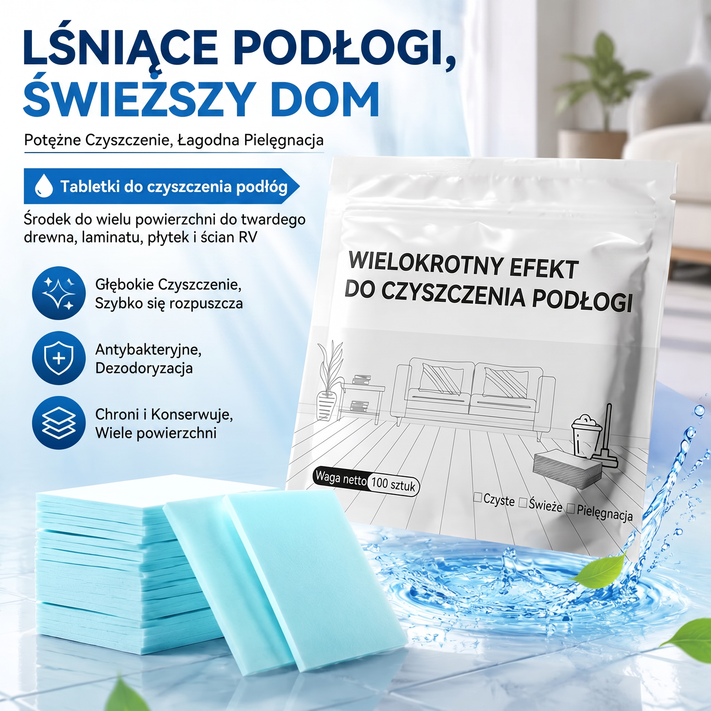 PKNEW®🌊 Rozpuszczalne tabletki czyszczące 💧 – Uniwersalny środek czyszczący do powierzchni drewnianych, laminatowych, płytek oraz ścian w kamperach, o działaniu antybakteryjnym i odświeżającym.
