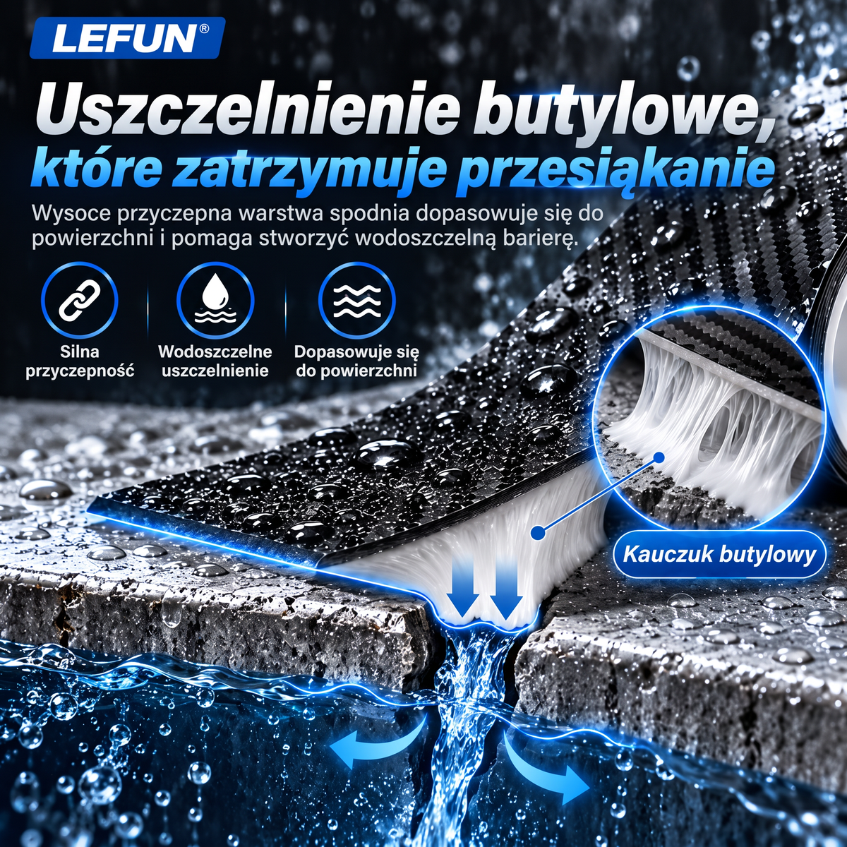 LEFUN® 💧 Wyjątkowo mocna taśma wodoodporna🍇 – warstwa ochronna o wyglądzie karbonu + uszczelka butylowa chroniąca przed przeciekami i wilgocią