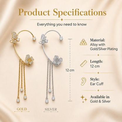 Ear Cuff de Mariposa Premium 🦋 — Hipoalergénico, Libre de Níquel y Plomo | Diseño de Clip Cómodo para Orejas Sensibles 💎