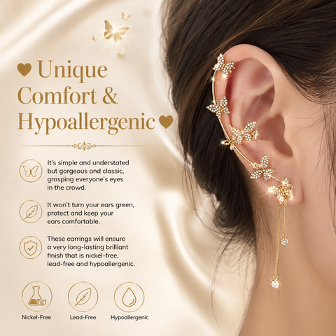 Ear Cuff de Mariposa Premium 🦋 — Hipoalergénico, Libre de Níquel y Plomo | Diseño de Clip Cómodo para Orejas Sensibles 💎