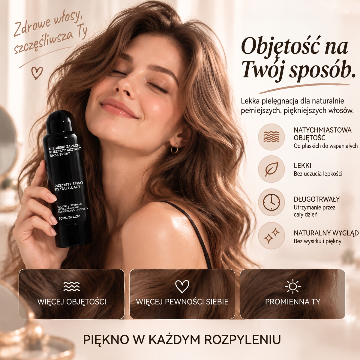Vitalisys®🍇 Fluffy Hair – Modelujący spray zwiększający objętość włosów – lekka formuła dodająca objętości od nasady, zapewniająca naturalny ruch włosów i delikatny brzoskwiniowy zapach 👸
